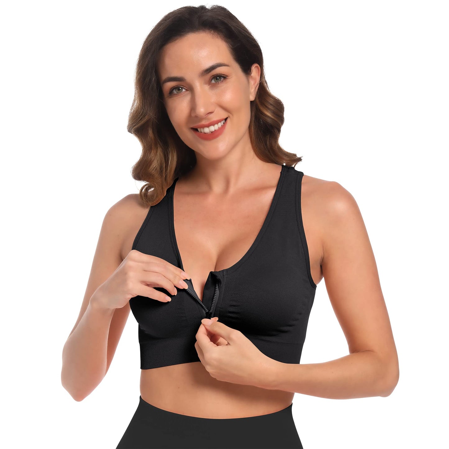 Fapreit Women's Zip Front Closure Sports Bra - Seamless Wirefree Post Surgery Padded Racerback Workout Gym Yoga Bras 2 Pack (Black, Grey)