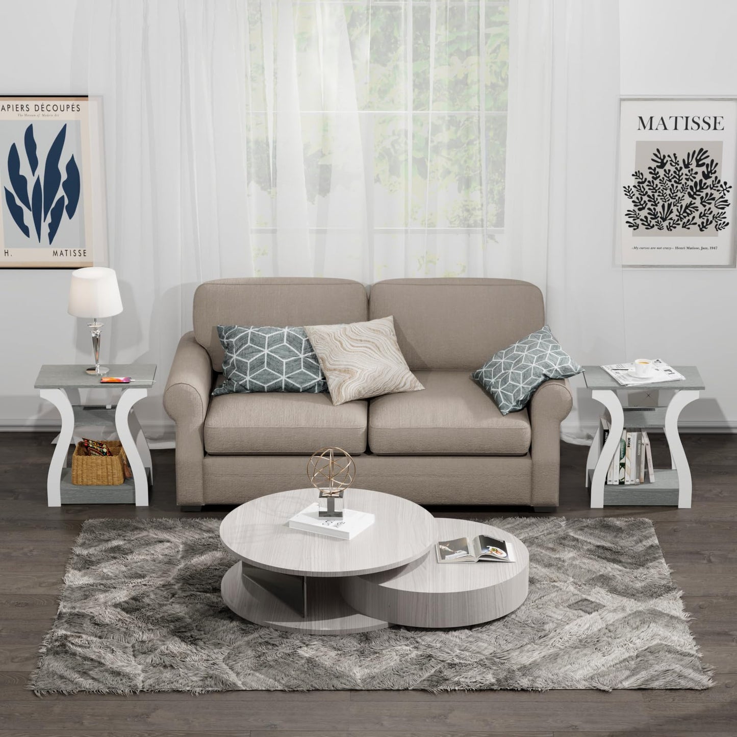 FROMJBEST End Tables Living Room, Grey End Table with Charging Station, Grey Side Table, Nightstand for Bedroom, 3 Tier End Table with Storage Shelf for Living Room