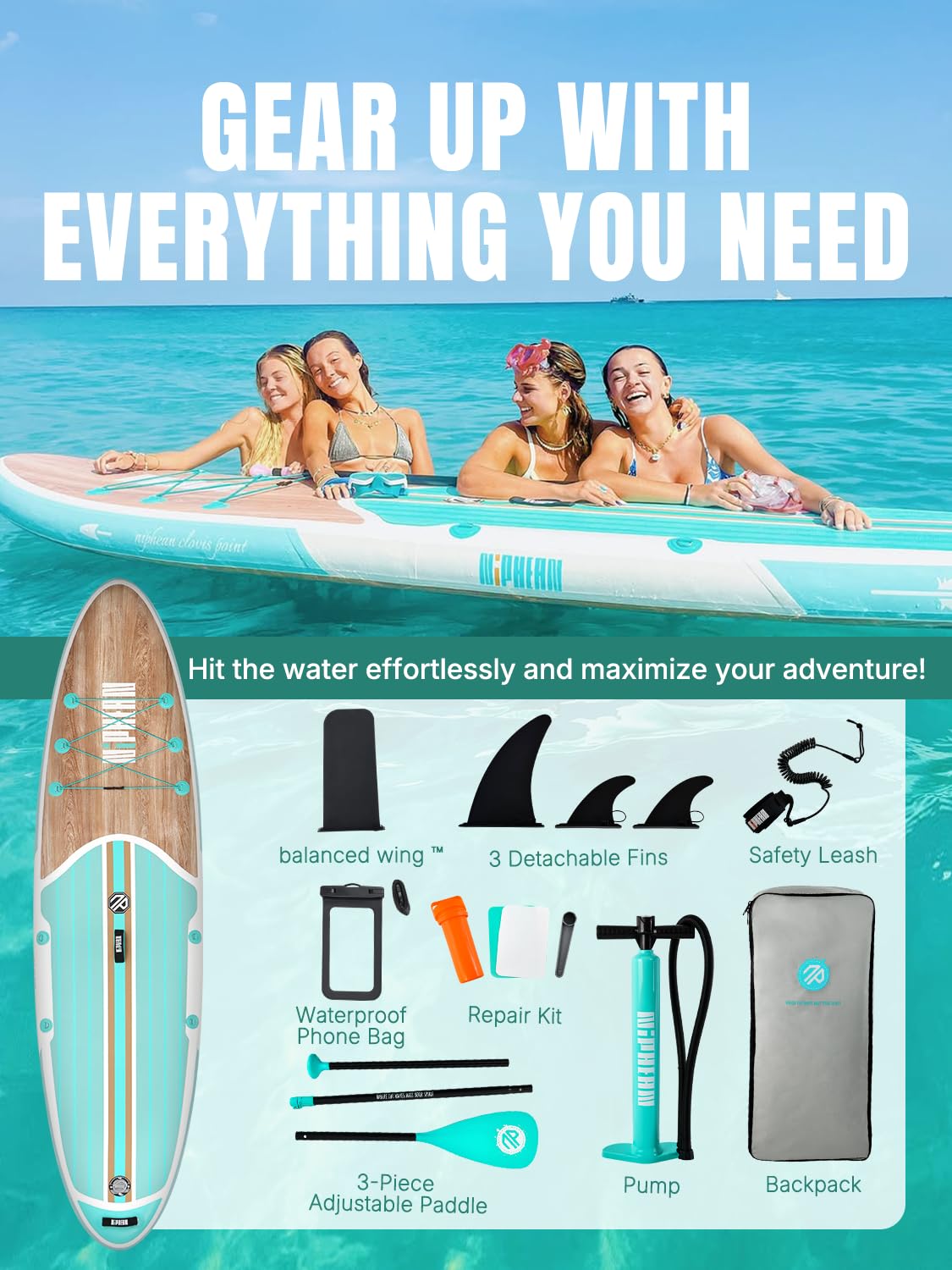 Niphean Inflatable Stand Up Paddle Board with Stabiltrac Fin Design and SUP Accessories, Anti-Slip EVA Deck, 10’6’’ Inflatable Paddle Boards for Adults & Youth of All Skill Levels