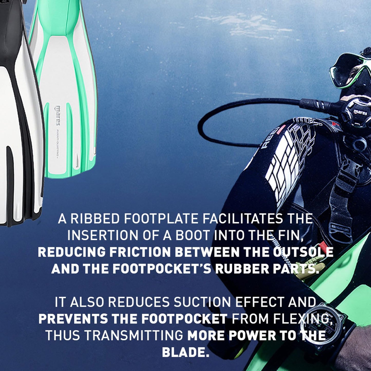 Mares Unisex Adults Avanti Quattro + Diving Fins - Durable Efficient Versatile Open-Heel Scuba Fins with Four-Channel Design & Bungee Strap, Black, Regular