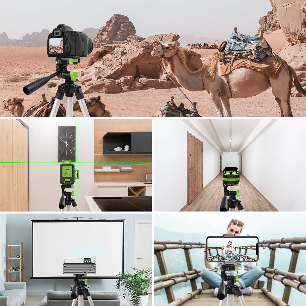 Huepar TPD05 19.7" Lightweight Aluminum Tripod-Mini Portable Adjustable Tripod for Laser Level and Camera, with 3-Way Flexible Pan Head and Bubble Level, Quick Release Plate with 1/4"-20 Screw Mount