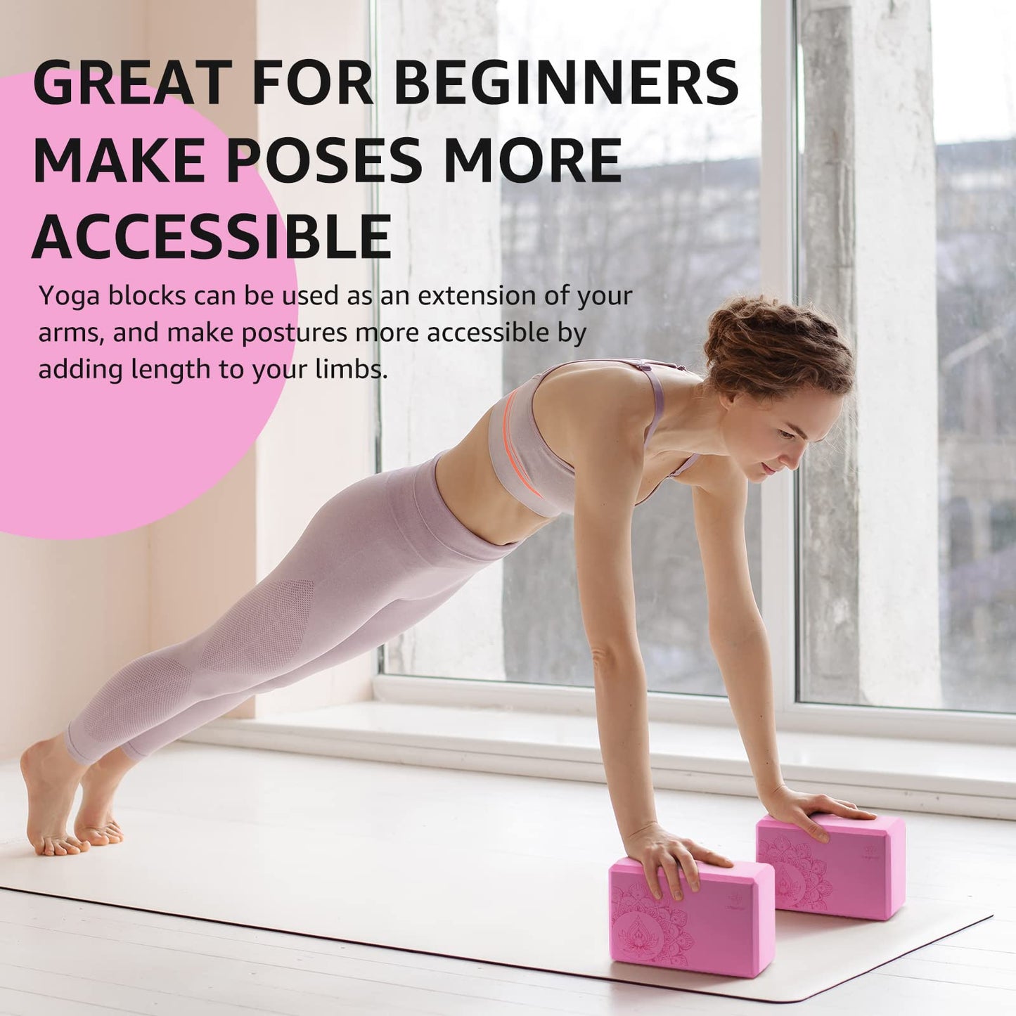 Overmont Yoga Block 2 Pack Supportive Latex-Free EVA Foam Soft Non-Slip Surface for General Fitness Pilates Stretching and Meditation 9"x6"x3" Yoga Strap Included (Pink)