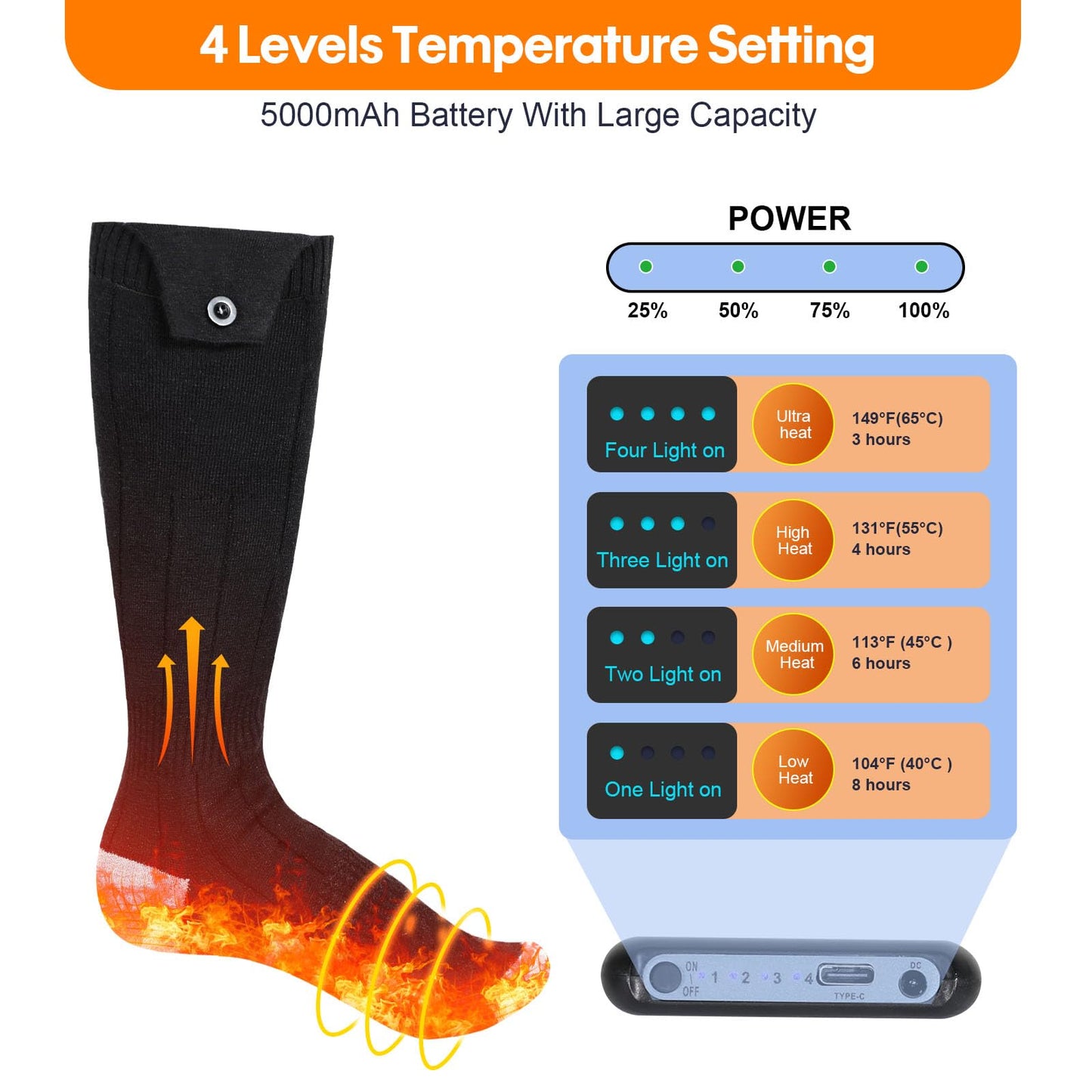 Heated Socks, Electric Heated Socks for Men Women, Rechargeable Battery Heat Up to 8 Hours, Winter Washable Thermal Socks Foot Warmer for Outdoor Camping Skiing Fishing Hunting (Black & Grey)
