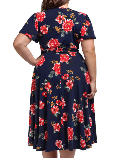 kissmay Plus Size Cocktail Dresses, Plus Size Fit and Flare Dresses for Women Slim Fitting Elasticity Clothing Ruched Flows Sweet Dress for Casual Short-Sleeve 1950s Lavender Dress Navy Red 20W
