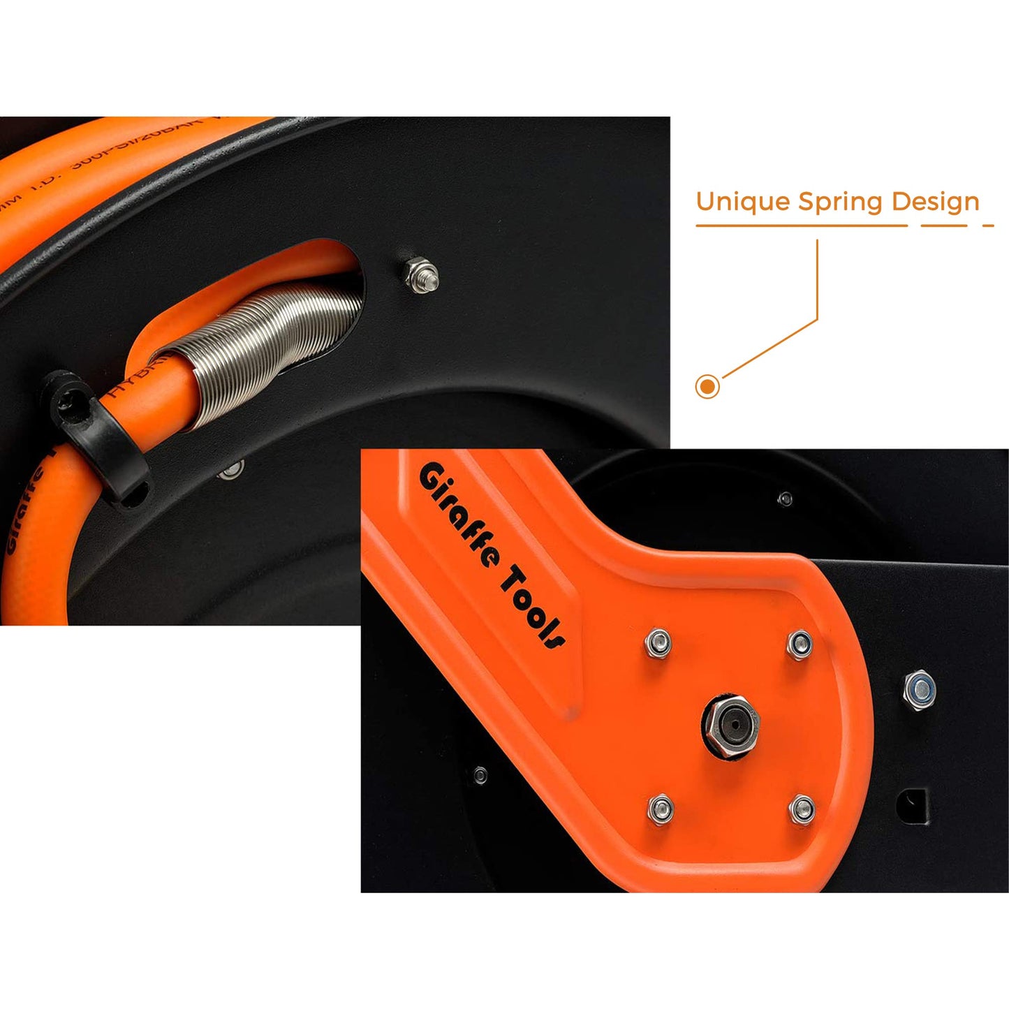 Giraffe Tools TA15 Retractable Air Hose Reel Swivel 3/8" x 50 ft Hybrid Hose, Max 300 PSI, Ceiling/Wall Mounted Heavy Duty Industrial Commercial Air Compressor Hose Reel, 50ft, Tangelo