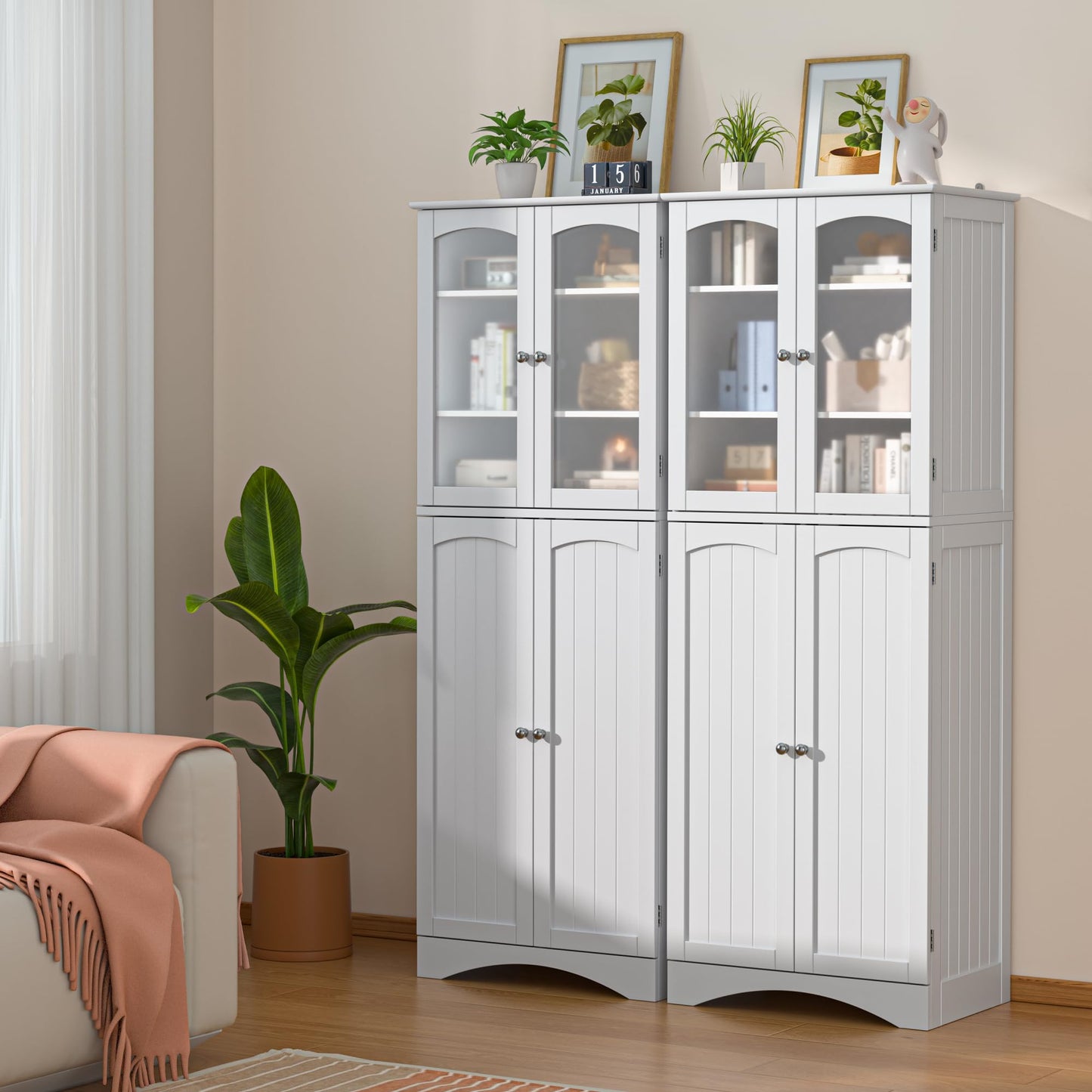 Gizoon 64" Kitchen Pantry Cabinet, Tall Storage Cabinet with Glass Doors and Adjustable Shelves, Freestanding Floor Cabinet Cupboard for Kitchen, Living Room, Dining Room (White)