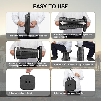 2025 Upgraded Portable Folding Stool, Collapsible Stool, Telescoping Camping Stool with Max Load Capacity 485lbs, Square Retractable Seat for Camping Gardening Fishing Hiking BBQ[Black]