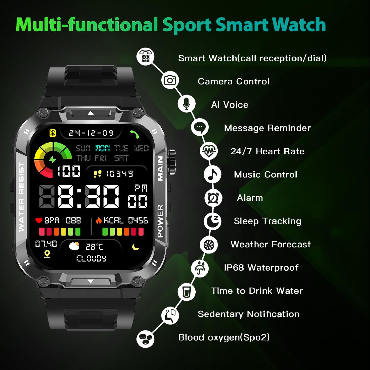 Military Smart Watch for Men with Call Function,Fitness Smartwatch for Android Phones and iPhone,Waterproof Fitness Tracker with Blood Oxygen/Heart Rate/Sleep/100+ Sport Modes, Watches for Men