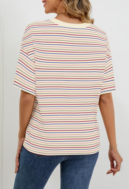 MEROKEETY Women's Summer Short Sleeve Shirt Casual Colourful Striped Crewneck Loose Tops Blouse, Beige, Medium