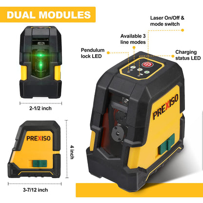PREXISO Laser Level with Tripod - 100Ft Rechargeable Dual Modules Line Laser, Self Leveling Wide Angle Cross Leveler Tool for Construction, Floor Tile Renovation with Magnetic Base, Target Plate, Bag