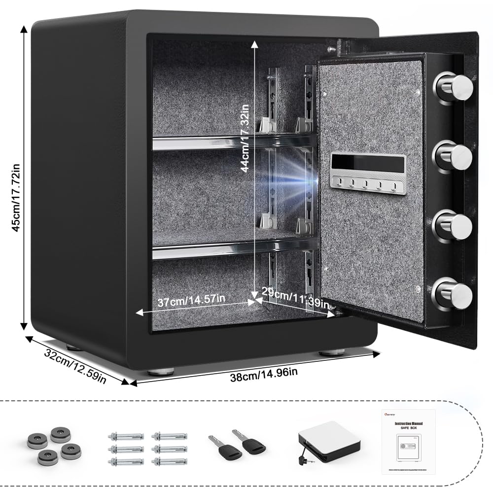 Kavey 2.0 Cub Biometric Safe Box, Fingerprint Safe with Backlit Touch Screen Keypad and Dual Alarm System, Steel Security Lock Box With Mute Function and LED Light, 12.59"D x 14.96"W x 17.72"H