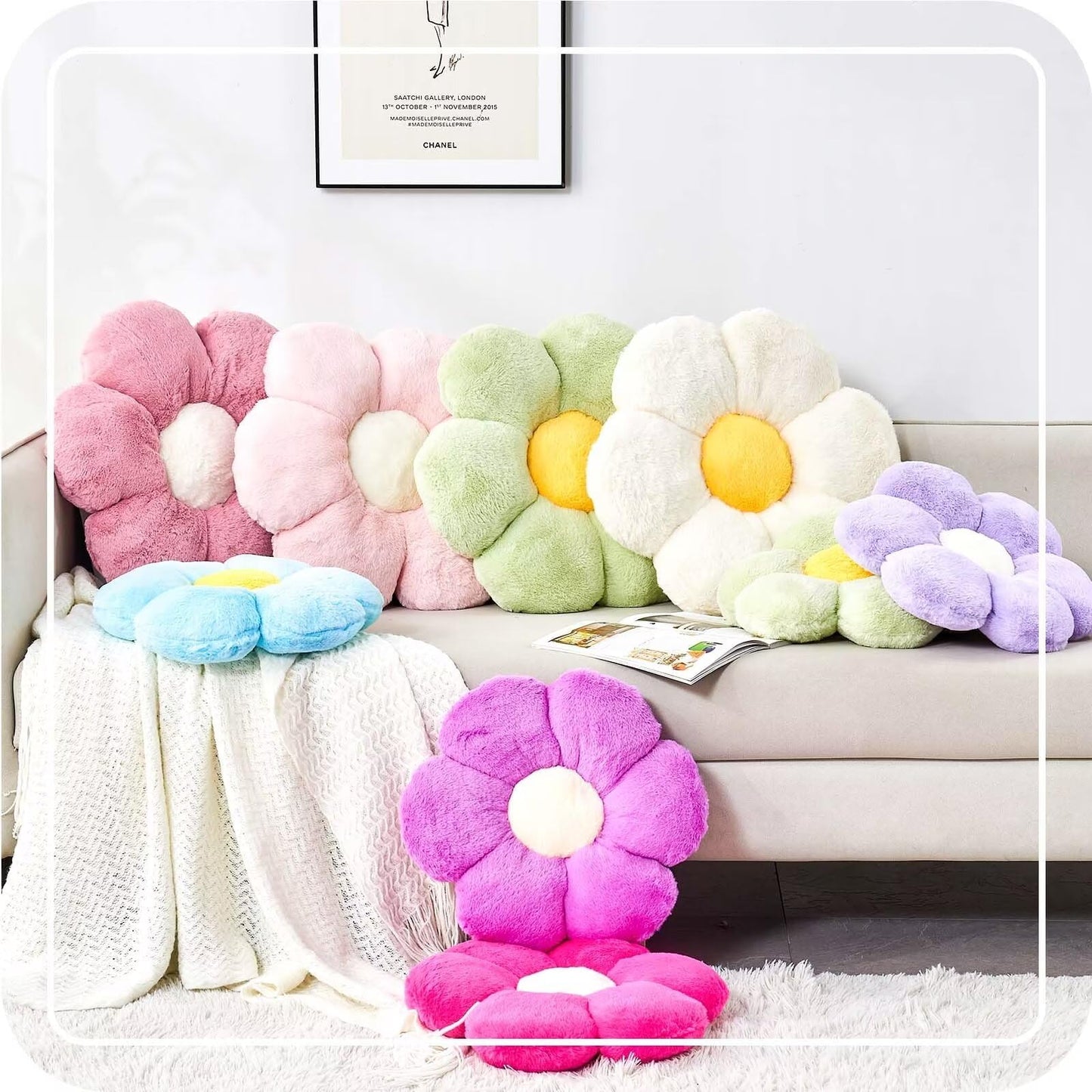 Kcvvcr Pink Flower Pillow, Cute Decorative Flower Shaped Throw Pillow with Faux Rabbit Fur, 14.9" Soft Flower Plush Throw Pillow Floor Pillows Room Décor for Bedroom Living Room