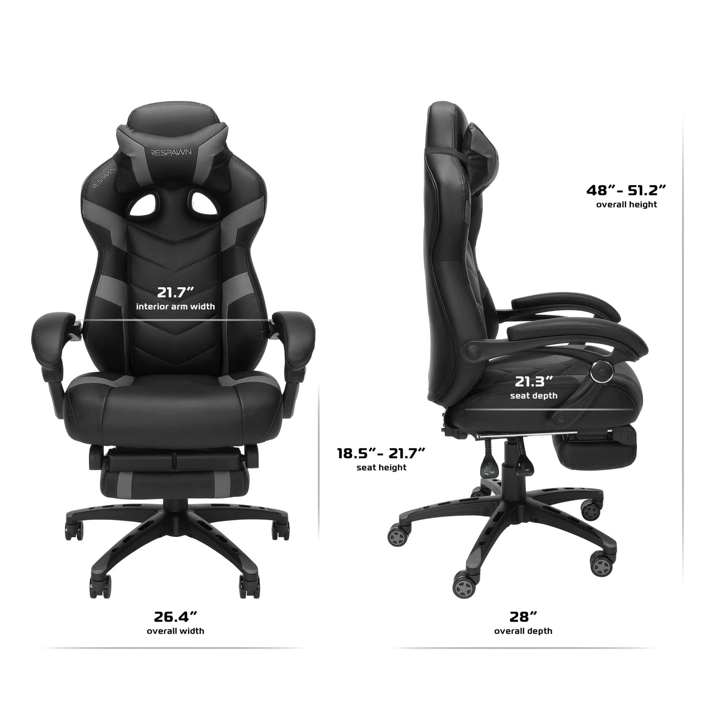 RESPAWN 110 Pro Gaming Chair - Gaming Chair with Footrest, Reclining Gaming Chair, Video Gaming Computer Desk Chair, Adjustable Desk Chair, Gaming Chairs For Adults With Headrest Pillow - Grey