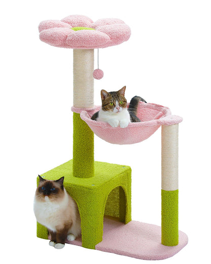 MUTTROS Flower Cat Tree with Large Metal Frame Hammock, 35" Cute Cat Tower with Sisal Scratching Posts for Small Indoor Cats, Cat Condo with Pink Top Perch for Kittens, Pink