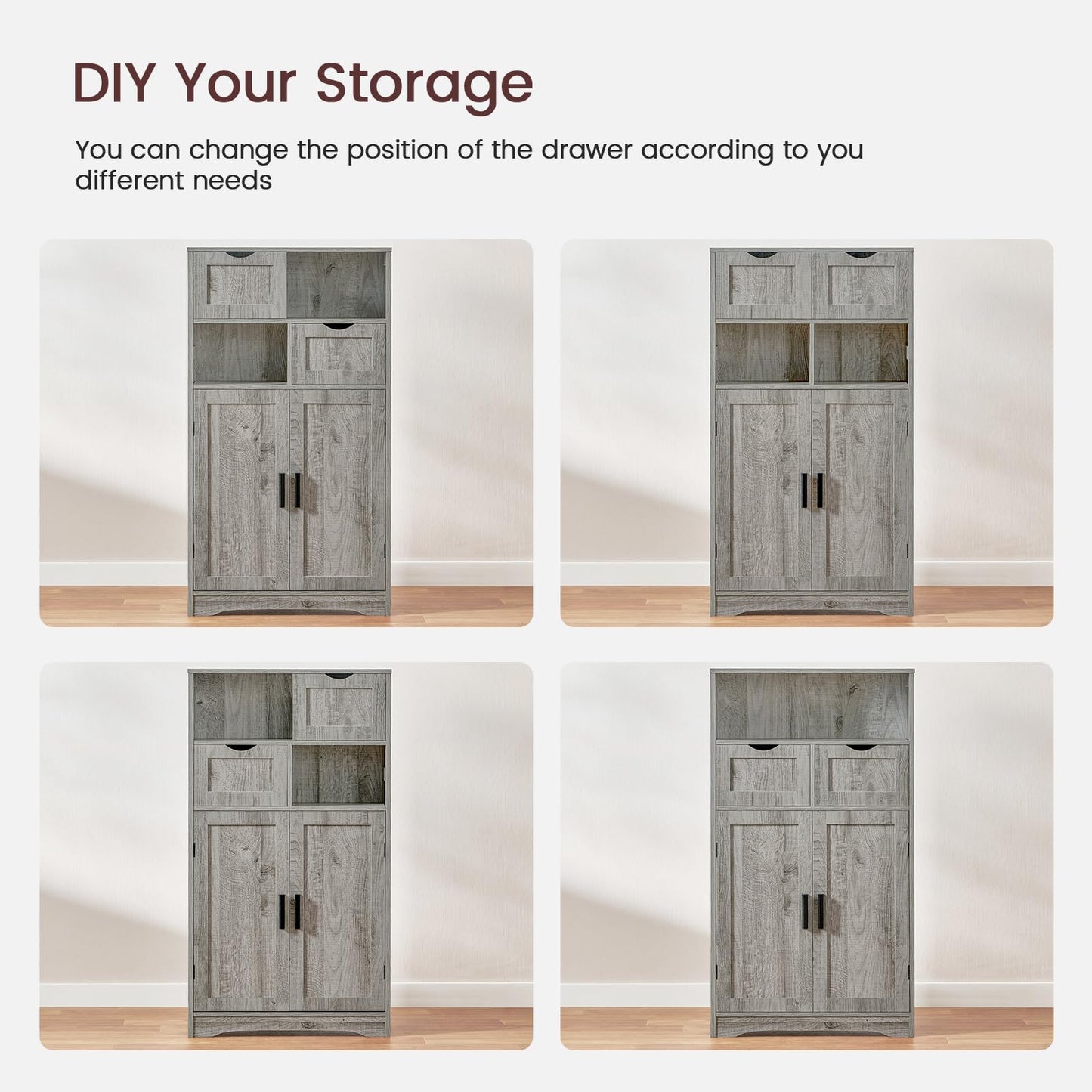 Iwell Storage Cabinet with 2 Drawers & 2 Adjustable Shelves, Kitchen Cabinet, Cupboard, for Living Room, Kitchen, Entryway, Home Office, Grey