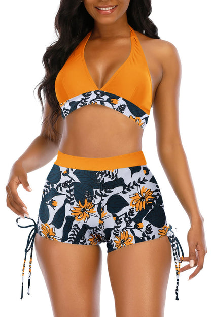 Adisputent Womens High Waisted Swimsuits with Boy Shorts Brazilian Triangle Top Stripes Halter Bikini Tummy Control Two Piece Bathing Suits Yellow Flowers M