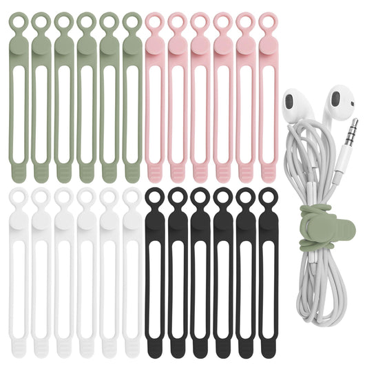 Nearockle 24Pcs Silicone Cable Straps Cord Organizer for Bundling Earphone, Phone Charger, Computer Cords, Reusable Cable Ties Wire Organizer in Home,Office,Kitchen,School (4 Colors)