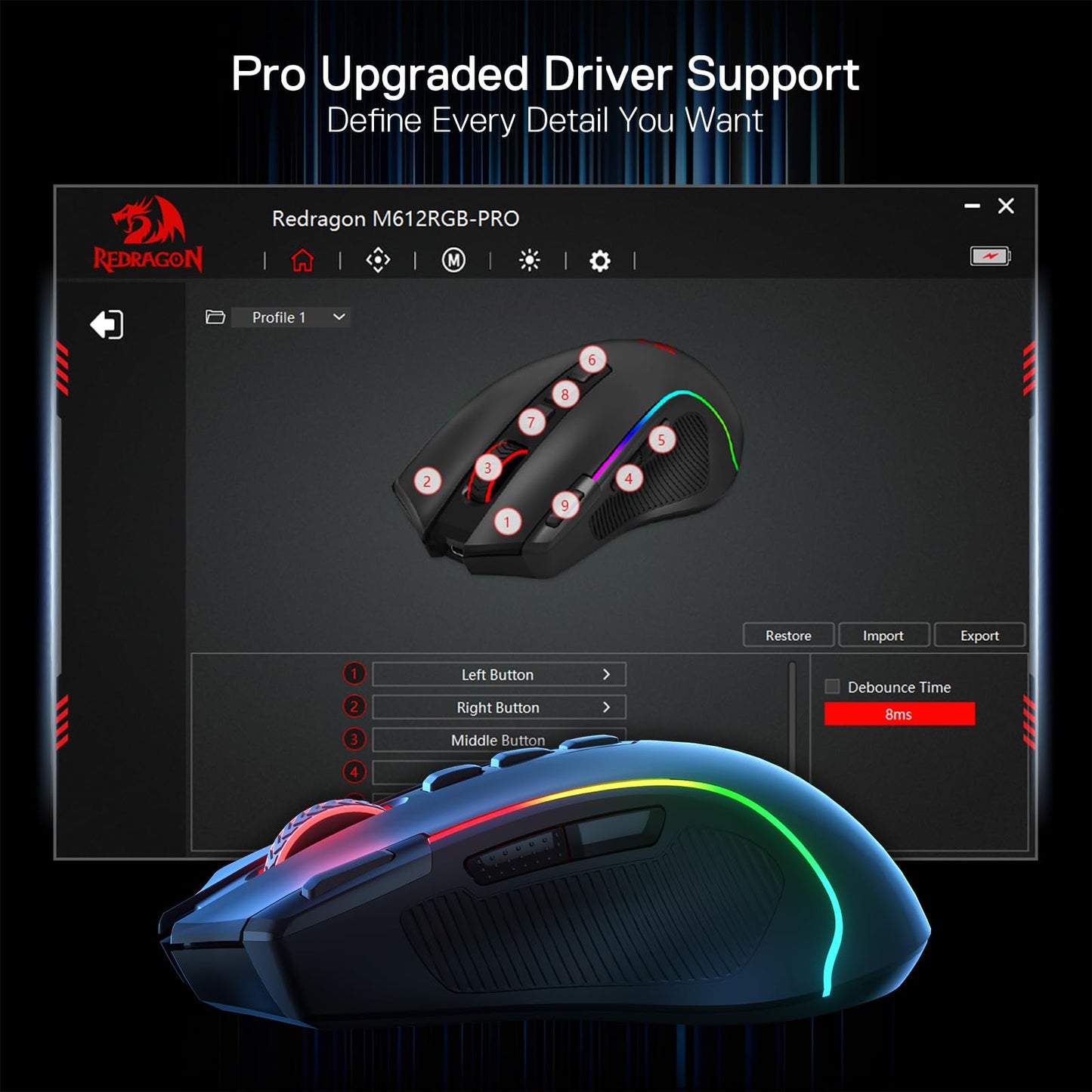 Redragon M612 PRO RGB Gaming Mouse, 8000 DPI Wired/Wireless Optical Mouse with 9 Programmable Buttons & 7 Backlit Modes, BT & 2.4G Wireless, Software Supports DIY Keybinds Rapid Fire Button