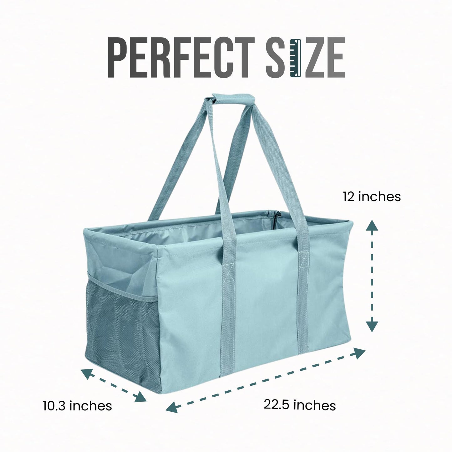 Lucazzi Extra Large Utility Tote Bag - Oversized Collapsible Reusable Wire Frame Rectangular Canvas Basket With Two Exterior Pockets For Beach, Pool, Laundry, Car Trunk, Storage - Light Blue