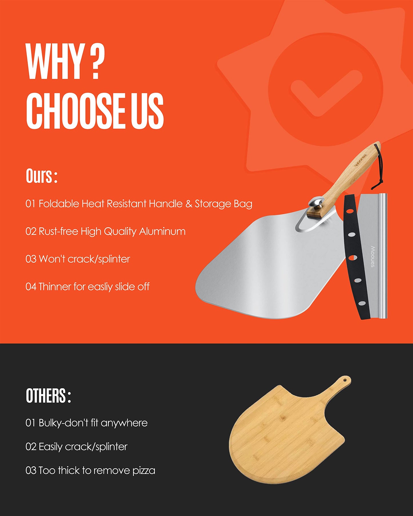 Pizza Peel Aluminum Pizza Spatula, Mooues 12 inch Metal Pizza Paddle(12"x 14")with Rocker Cutter Foldable Wood Handle, [Storage bag included], for Family Pizza Oven Baking Pizza, Dough, Bread & Pastry