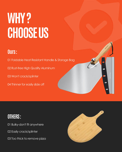 Pizza Peel Aluminum Pizza Spatula, Mooues 12 inch Metal Pizza Paddle(12"x 14")with Rocker Cutter Foldable Wood Handle, [Storage bag included], for Family Pizza Oven Baking Pizza, Dough, Bread & Pastry