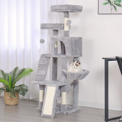 Heybly Cat Tree, Cat Tower for Indoor Cats, Multi-Level Cat Furniture Condo for Cats with Padded Plush Perch, Cozy Basket and Scratching Board, Light Gray HCT014W