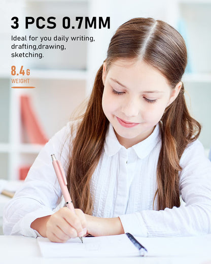 Nicpro 3PCS Cute Mechanical Pencil Set with Case, 0.7 mm Pencils with 6 Tube HB Lead Refill, 3PCS Eraser, 9PCS Eraser Refill for School Supplies Kid Student Writing, Drafting Drawing Sketching