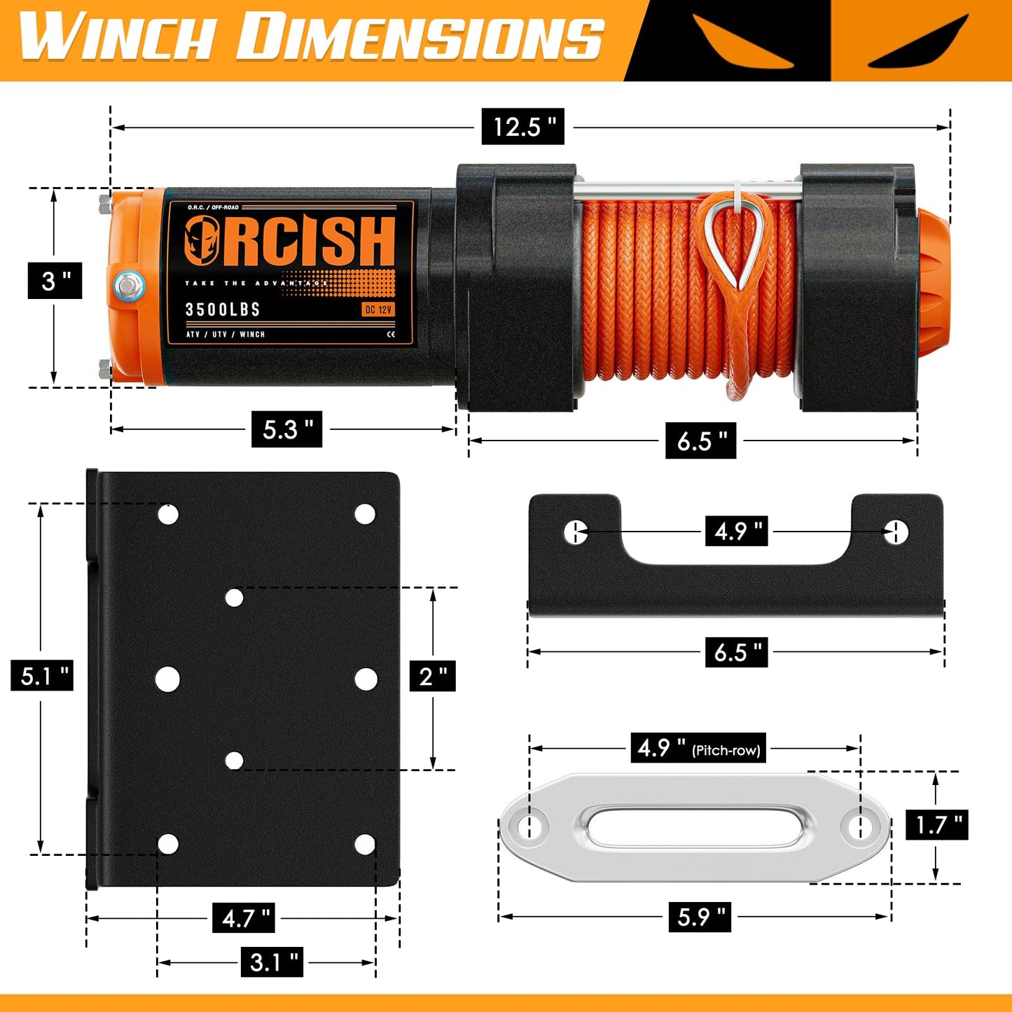 ORCISH Upgrade 3500 lb 12V DC Electric Winch, ATV/UTV Winch Kit for Towing, 1/4"×30' Synthetic Rope with Both Wireless Handheld Remote and Corded Control Recovery, Easy Assembly Winches