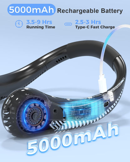 Portable Bladeless Neck Fan, 5000mAh Rechargeable Battery, 3 Speeds, Workout Essential, 360°Airflow, Twistable, Personal Wearable Neck Fan for Sports Outdoor Indoor, Gifts for Man Woman Family