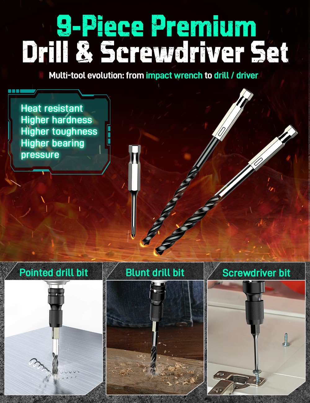 KIMO Impact Wrench 1/2, Max Torque 406ft-lbs (550N.m) & 3000RPM /Premium Brake Stop, 9-Piece Drill & Serewdriver Set, 4 Sockets, Cordless Impact Wrench with 4000mAh Battery, Impact Driver for CarTires