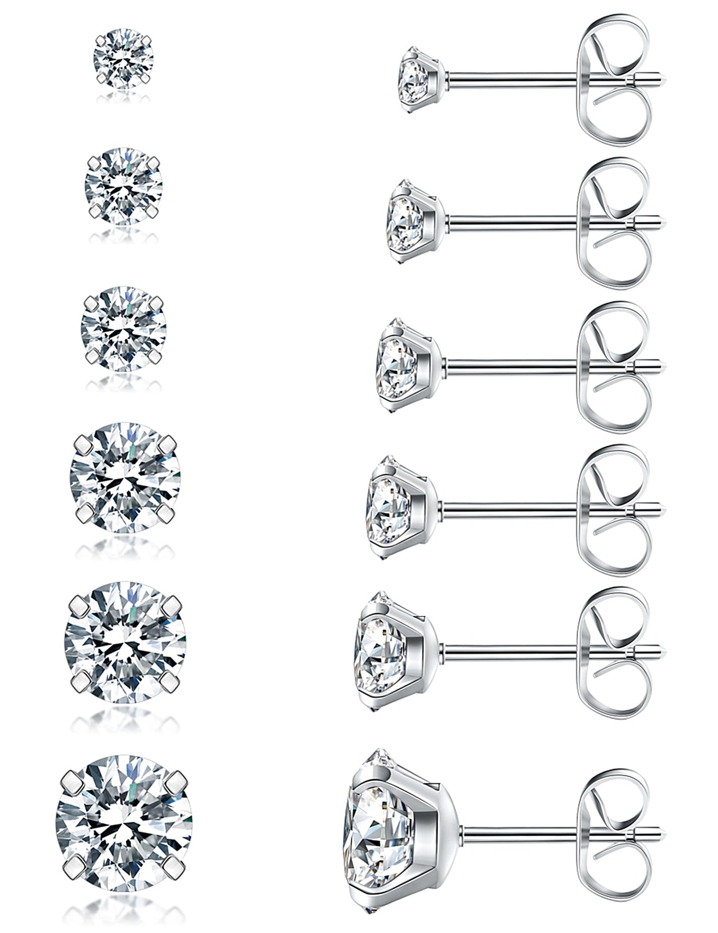 6 Pairs Stud Earrings Set, Hypoallergenic Cubic Zirconia 316L Earrings Stainless Steel CZ Earrings 3-8mm (Steel color)