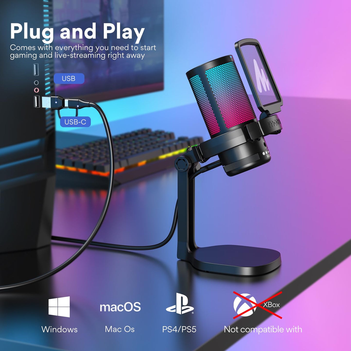 MAONO USB Gaming Microphone for PC, Noise Cancellation Condenser Mic with RGB Lights, Mute, Gain for Streaming, Recording, Podcast, Chat, Twitch, YouTube, Discord, Computer, PS5, PS4, GamerWave