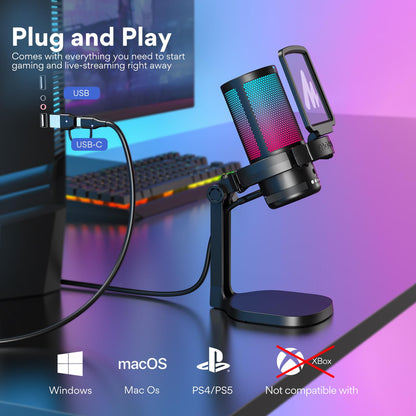 MAONO USB Gaming Microphone for PC, Noise Cancellation Condenser Mic with RGB Lights, Mute, Gain for Streaming, Recording, Podcast, Chat, Twitch, YouTube, Discord, Computer, PS5, PS4, GamerWave