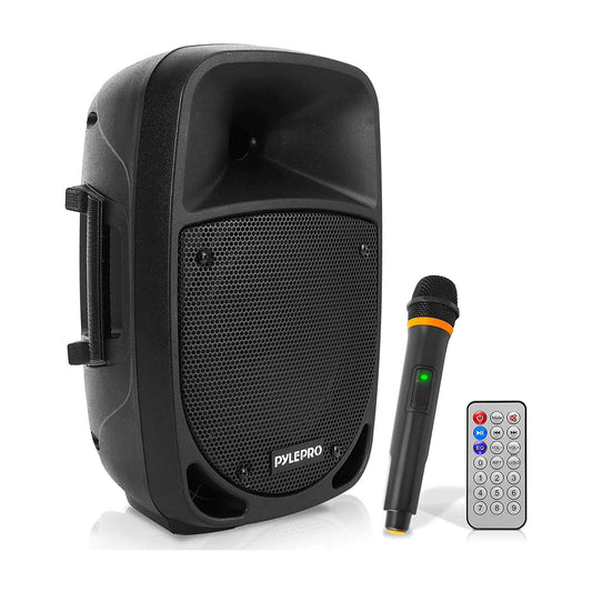 Pyle 800W Portable Bluetooth PA Speaker - 8’’ Subwoofer, LED Battery Indicator Lights w/ Built-in Rechargeable Battery, MP3/USB/SD Card Reader, and UHF Wireless Microphone - Pyle PSBT85A,Black