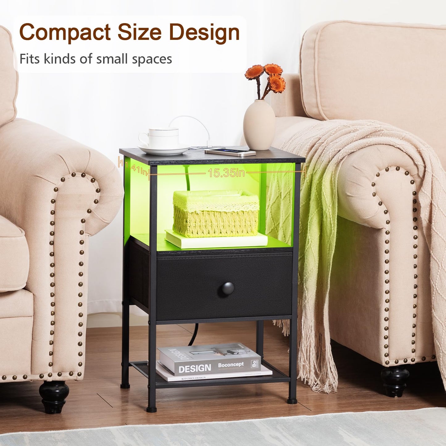 LOAKEKEL Night Stand Set 2, LED Nightstand with Charging Station, End Tables Living Room with Fabric Drawer, Small Side Tables for Bedroom, Small Space, Black, HETS01BK