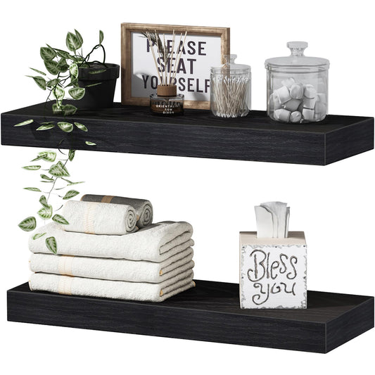 QEEIG Black Bathroom Floating Shelves for Wall Shelf Over Toilet Wall Mounted Farmhouse Small 16 inch Set of 2 (008-40B)