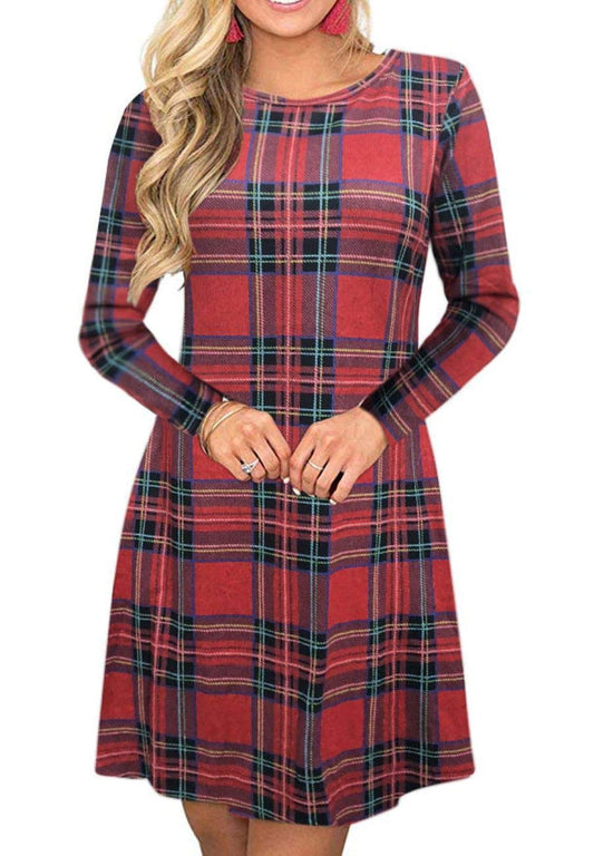 MIROL Women's Long Sleeve Plaid Color Block Casual Swing Loose Fit Tunic Dress