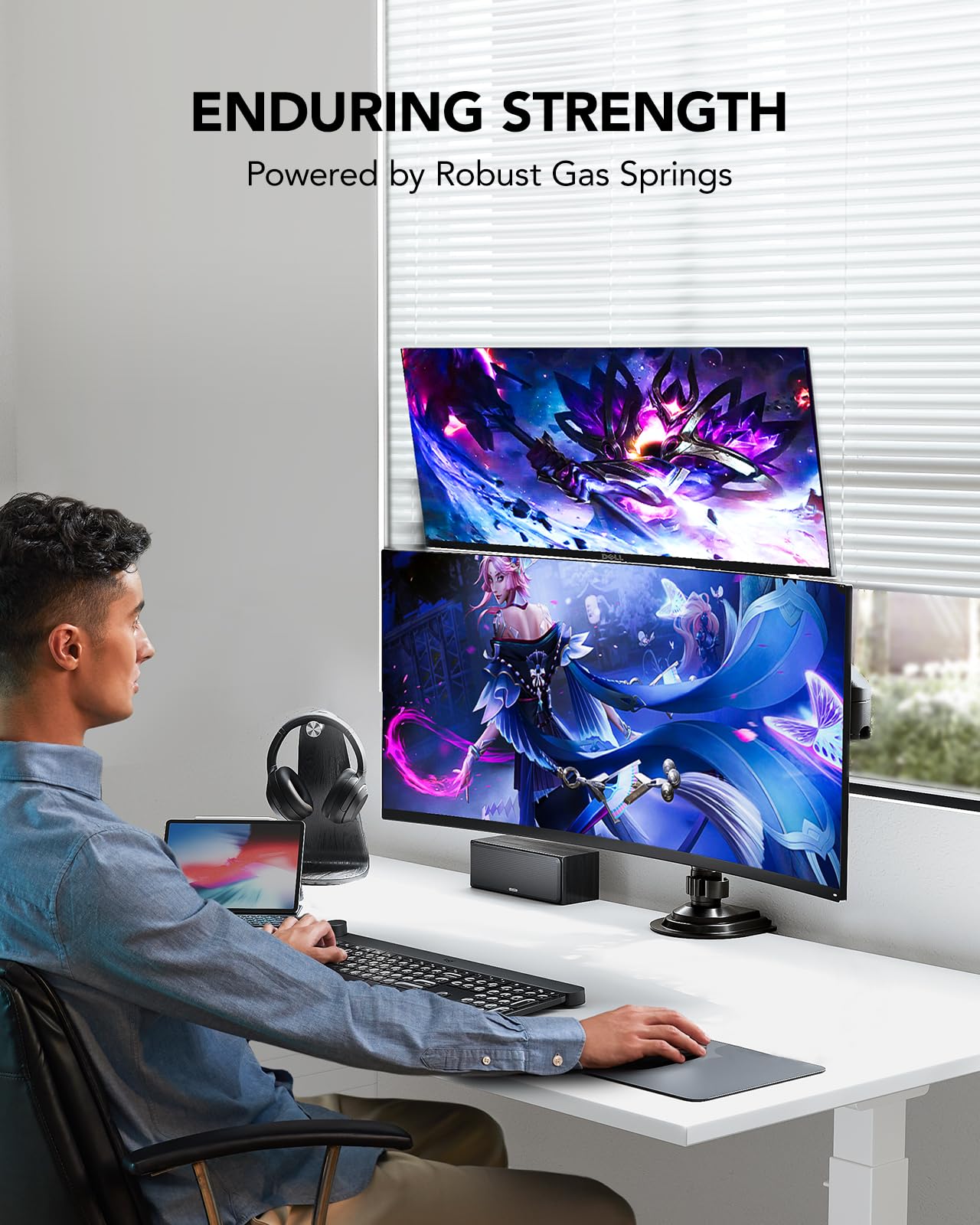 HUANUO 17-32 Inch Dual Monitor Stand, Gas Spring Dual Monitor Mount, Monitor Stand 2 Monitors, Ergonomic Adjustable Tilt/Swivel/Rotate, Weight Max 19.8 lbs, VESA 75/100mm