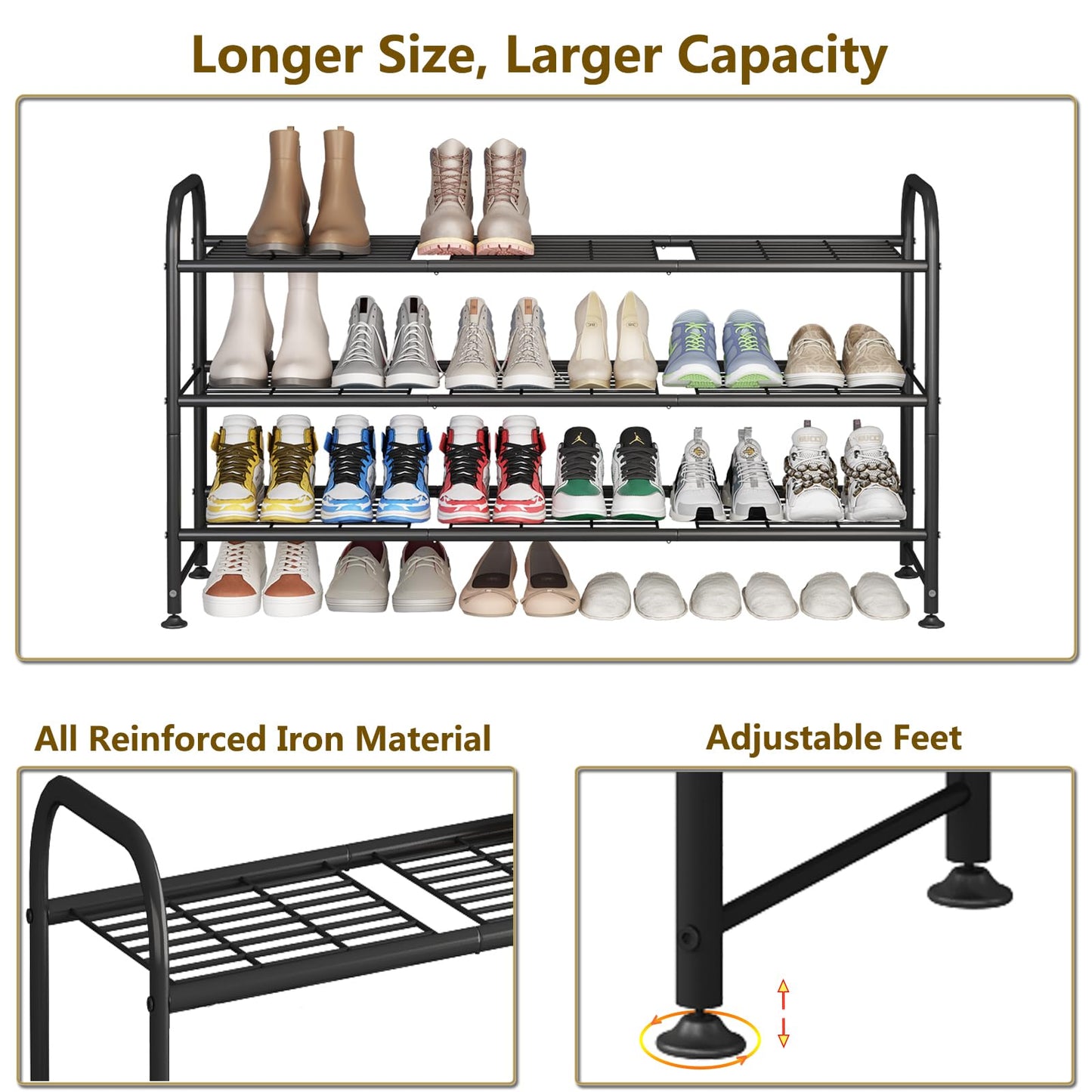 LINZINAR Shoe Rack 3 Tier Long Metal Shoe Organizer for Closet Entryway Black