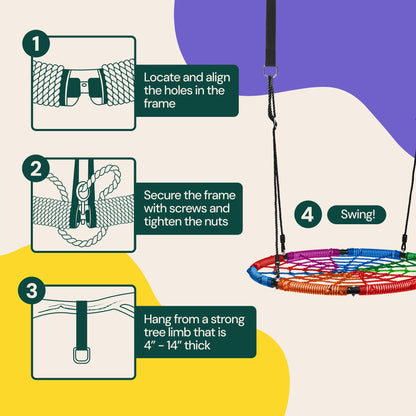 PLAYVIBE Spider Web Tree Swing - 40 in Multicolor Saucer Swing - 440 lb Capacity with Hanging Straps & Carabiners - Weather-Resistant Outdoor Play for Kids & Toddlers - Fits Trees, Playsets & Gyms