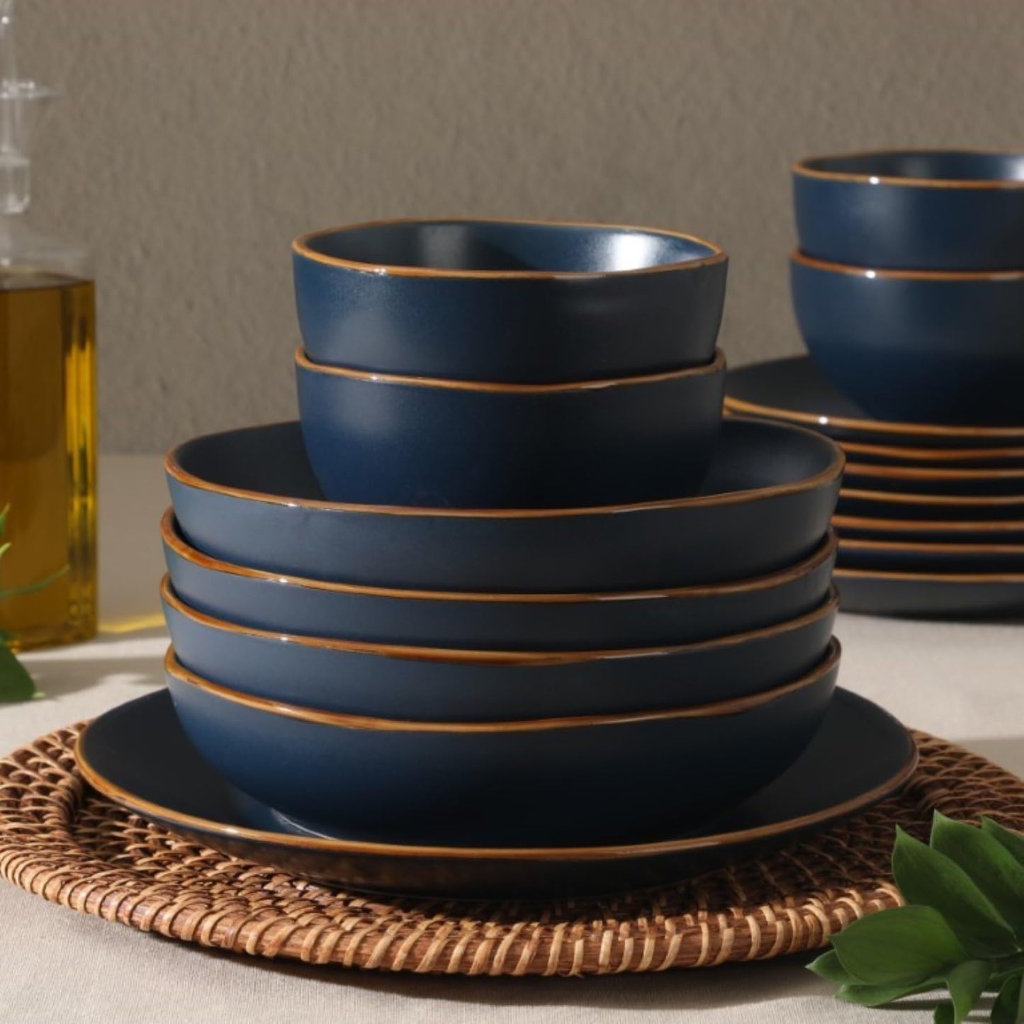 Gibson Home Hazeltine 16 Piece Plates and Bowls Dishes Stoneware Ceramic Dinnerware Set - Navy Blue