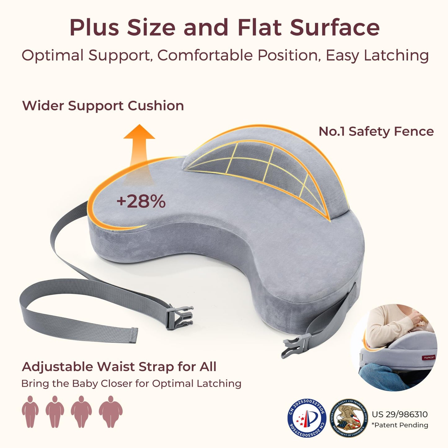 Momcozy Innovative Safety Fence Nursing Pillow - Firm & Springy Memory Foam - Stable, Ergonomic Support & Comfort - Wider Breastfeeding Cushion, Adjustable, Removable Cover, Baby Safety Certified