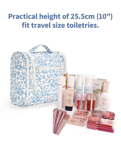 Narwey Hanging Toiletry Bag for Women Travel Makeup Bag Organizer Toiletries Bag for Cosmetics Essentials Accessories (Large, Little Blue Flower)
