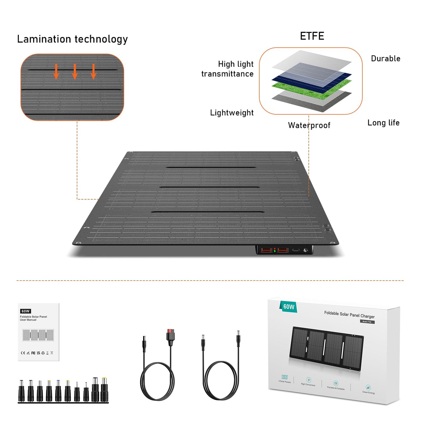 Portable Solar Panel 60W Foldable Solar Charger with DC/USB C/USB A Output DC Cable for Solar Power Station Power Bank Phone Laptop Outdoor Camping RV Road Trip