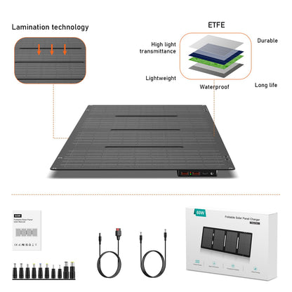 Portable Solar Panel 60W Foldable Solar Charger with DC/USB C/USB A Output DC Cable for Solar Power Station Power Bank Phone Laptop Outdoor Camping RV Road Trip