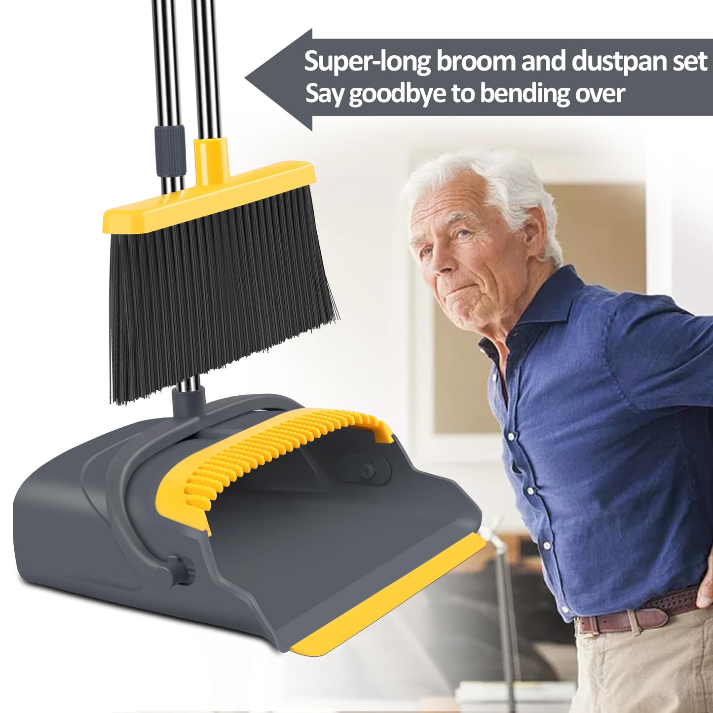 kelamayi Upgrade Broom and Dustpan Set, Broom with Dustpan Combo Set, Self-Cleaning with Dustpan Teeth, Indoor&Outdoor Sweeping, Stand Up Broom and Dustpan (Gray&Yellow)