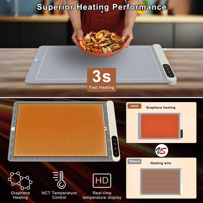 FYY Food Warming Mat - Electric Warming Tray with 6 Temperature Settings and 6 Hours Timer, Full Surface Graphene Heating Food Warmer, Premium Rollable Heating Tray for Gatherings, Parties, Grey