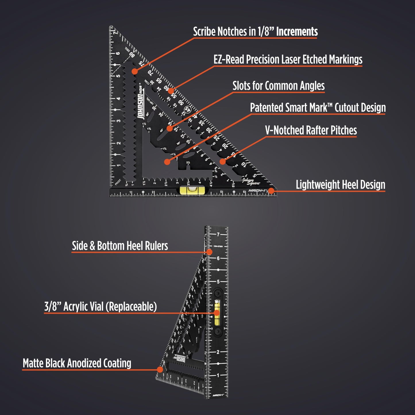 Johnson Level & Tool 1904-0700V 7-1/4" Johnny Square MACH-1 Smart Mark Rafter Square with Level Vial, Black