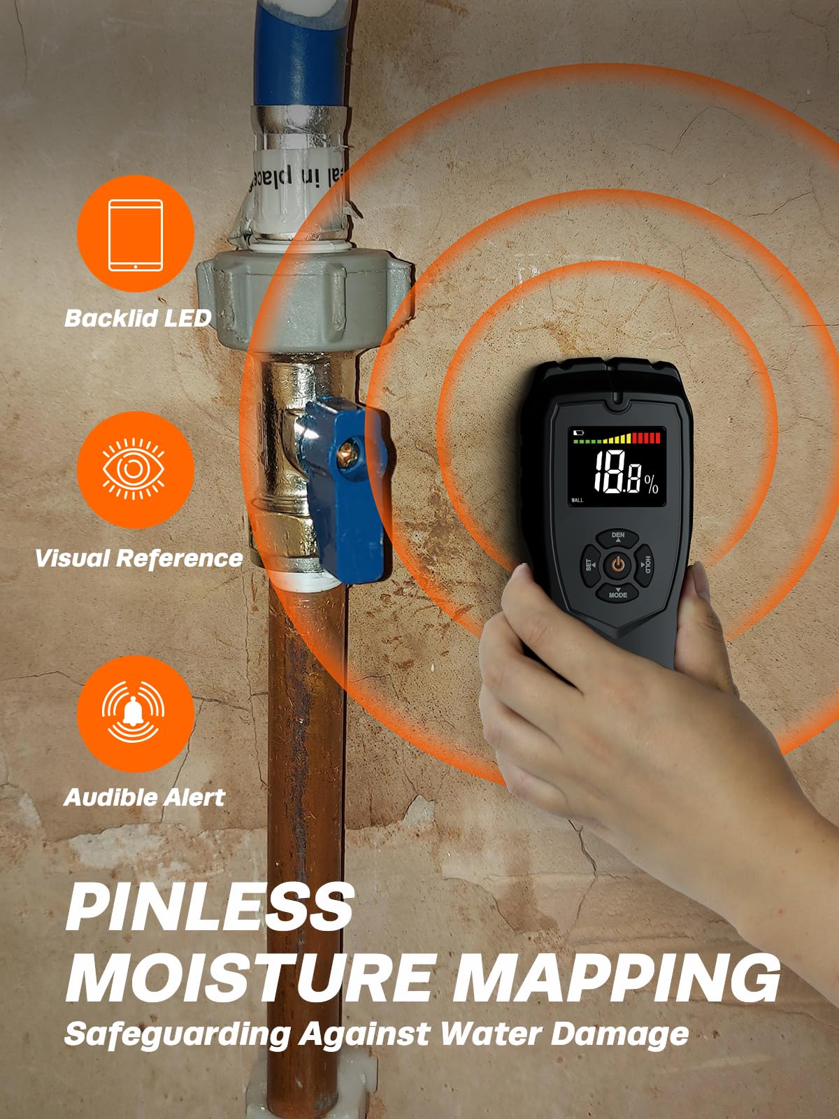 Moisture Meter Damp Meter Pinless Wood Moisture Meter for Walls Logs Firewood and Building Material, 4 Mode 9 Density Settings, Non-Destructive Moisture Detector with Backlit LCD and Alerts (Black)