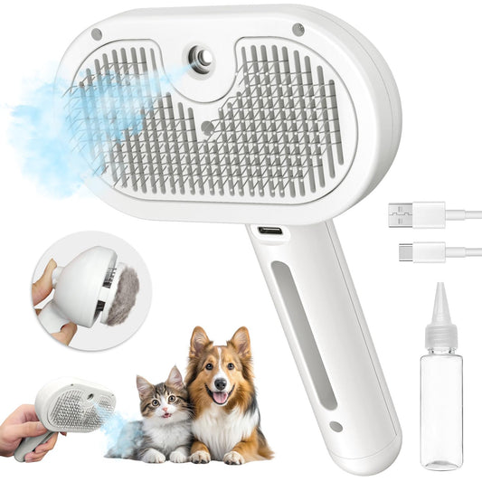 Pecait Cat Steam Brush for Shedding, 3 In 1 Steam Pet Brush Self Cleaning, Dog Brush for Long and Short Hair Dogs and Cats, Pet Grooming Comb Remove Tangled Loose Hair, Type-C Fast Charging (White)